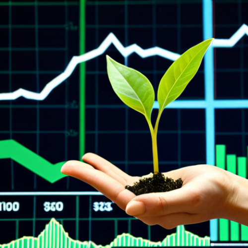 Home 11 **Prompt 1:** A hand gently holding a vibrant green sapling that sprouts directly from a complex financial stock chart, symbolizing the deep integration of ethical principles with financial prosperity. In the background, subtle, abstract data visualizations and a glowing "ESG" acronym represent metrics beyond superficial green labels. The lighting is warm and inviting, with a focus on high detail.