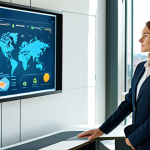 A professional woman in a modest business suit stands confidently in a modern, sunlit office. She is thoughtfully interacting with a sophisticated holographic display that visually represents intertwined ESG (Environmental, Social, Governance) criteria and impactful investment concepts, showing data flows and sustainable icons. The background features a clean, minimalist design with hints of urban landscape, symbolizing global reach. The atmosphere is calm and forward-thinking, professional photography, high quality, safe for work, appropriate content, fully clothed, perfect anatomy, correct proportions, natural pose, well-formed hands, proper finger count, natural body proportions.
