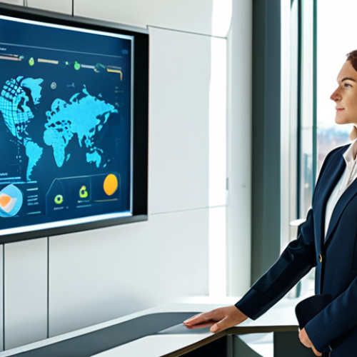 Home 6 A professional woman in a modest business suit stands confidently in a modern, sunlit office. She is thoughtfully interacting with a sophisticated holographic display that visually represents intertwined ESG (Environmental, Social, Governance) criteria and impactful investment concepts, showing data flows and sustainable icons. The background features a clean, minimalist design with hints of urban landscape, symbolizing global reach. The atmosphere is calm and forward-thinking, professional photography, high quality, safe for work, appropriate content, fully clothed, perfect anatomy, correct proportions, natural pose, well-formed hands, proper finger count, natural body proportions.