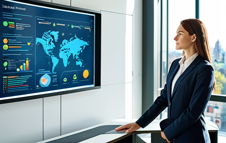 A professional woman in a modest business suit stands confidently in a modern, sunlit office. She is thoughtfully interacting with a sophisticated holographic display that visually represents intertwined ESG (Environmental, Social, Governance) criteria and impactful investment concepts, showing data flows and sustainable icons. The background features a clean, minimalist design with hints of urban landscape, symbolizing global reach. The atmosphere is calm and forward-thinking, professional photography, high quality, safe for work, appropriate content, fully clothed, perfect anatomy, correct proportions, natural pose, well-formed hands, proper finger count, natural body proportions.