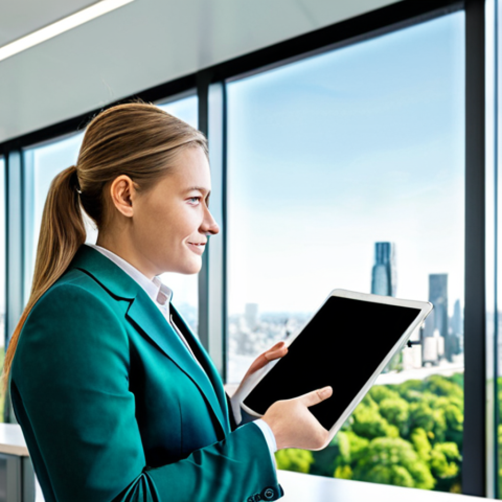 A confident financial professional, fully clothed in a modest business suit, standing in a modern, bright office with a large window overlooking a thriving, green cityscape. The professional holds a tablet displaying a dynamic, abstract visualization of ESG (Environmental, Social, Governance) data, symbolizing the intersection of finance and positive global impact. The scene is well-lit with soft, natural light, capturing a sense of progress and ethical investment. This image should have perfect anatomy, correct proportions, a natural pose, well-formed hands, proper finger count, and natural body proportions. It is safe for work, appropriate content, family-friendly, and depicts professional dress.