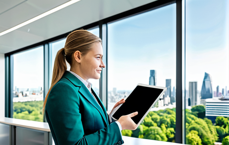 A confident financial professional, fully clothed in a modest business suit, standing in a modern, bright office with a large window overlooking a thriving, green cityscape. The professional holds a tablet displaying a dynamic, abstract visualization of ESG (Environmental, Social, Governance) data, symbolizing the intersection of finance and positive global impact. The scene is well-lit with soft, natural light, capturing a sense of progress and ethical investment. This image should have perfect anatomy, correct proportions, a natural pose, well-formed hands, proper finger count, and natural body proportions. It is safe for work, appropriate content, family-friendly, and depicts professional dress.
