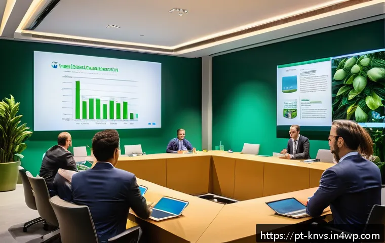 윤리적 투자에서의 고객 피드백 활용 - A modern financial conference room scene featuring diverse investors actively discussing sustainable...