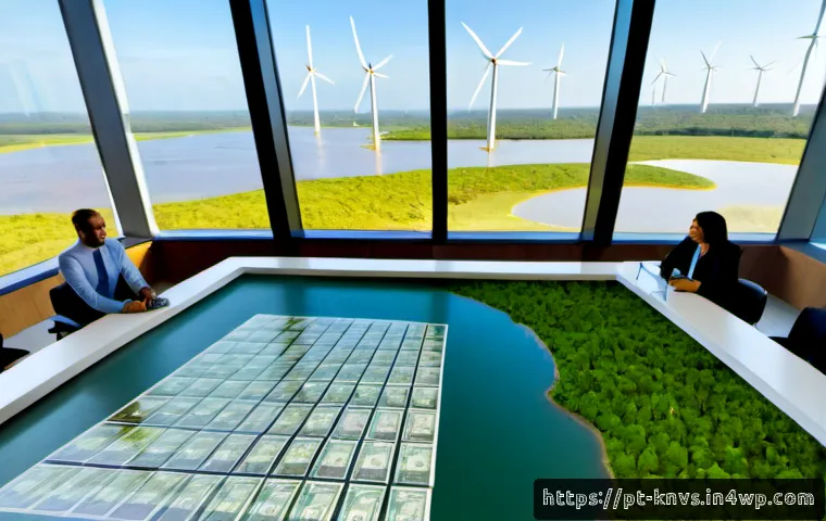 Home 13 윤리적 투자와 재난 관리 - Photorealistic wide-angle scene in a modern Brazilian investment office, diverse financial professio...