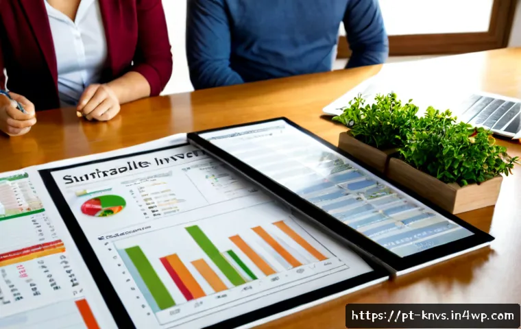 Home 15 윤리적 투자자를 위한 기본 지식 - Photorealistic ethical investment planning scene in Portugal, mature Portuguese couple and a financi...